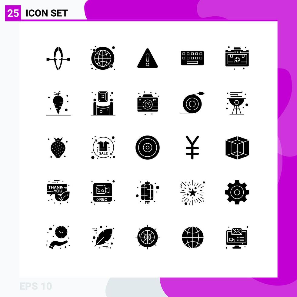 modern reeks van 25 solide glyphs pictogram van motivatie zak Gevaar sleutel typen bewerkbare vector ontwerp elementen