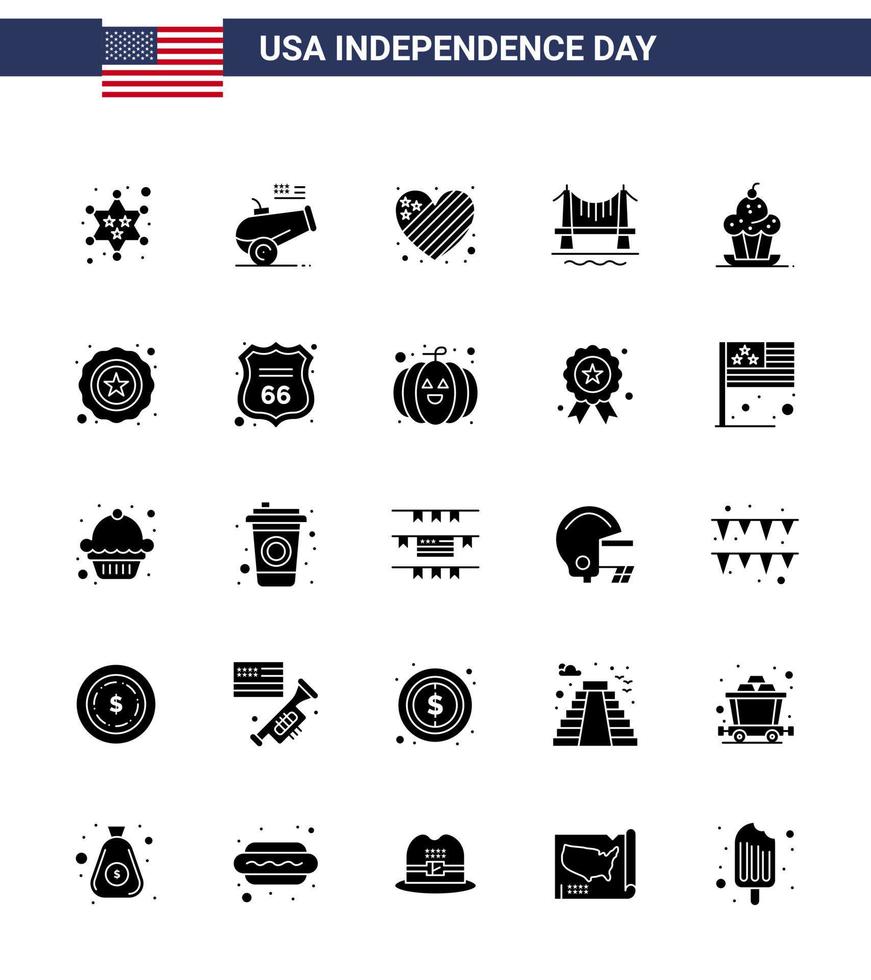 gelukkig onafhankelijkheid dag 4e juli reeks van 25 solide glyph Amerikaans pictogram van toetje stadsgezicht Amerikaans stad brug bewerkbare Verenigde Staten van Amerika dag vector ontwerp elementen