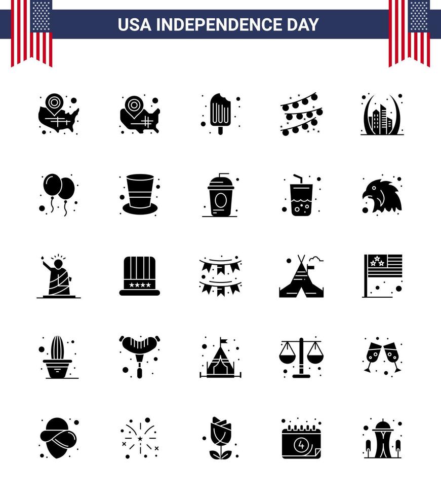 solide glyph pak van 25 Verenigde Staten van Amerika onafhankelijkheid dag symbolen van ballonnen mijlpaal ijs room poort boog bewerkbare Verenigde Staten van Amerika dag vector ontwerp elementen