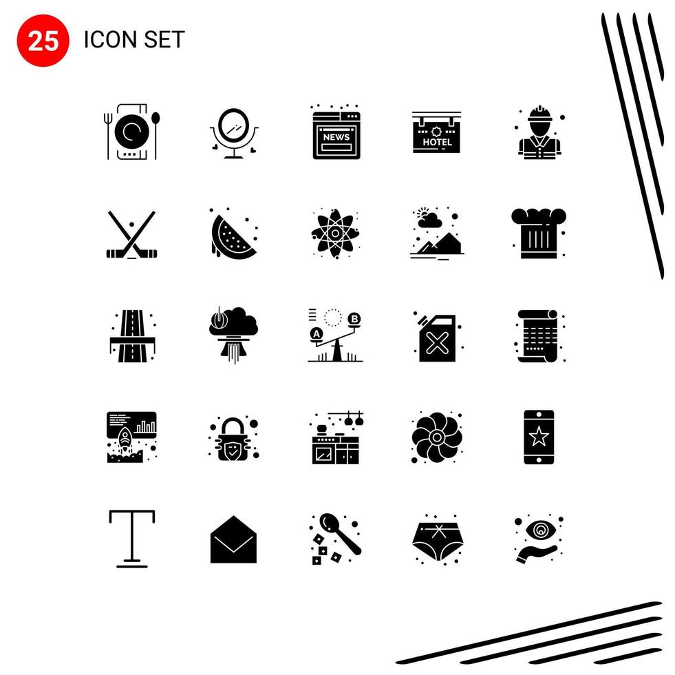 modern reeks van 25 solide glyphs pictogram van brand plaats artikel bord hotel bewerkbare vector ontwerp elementen