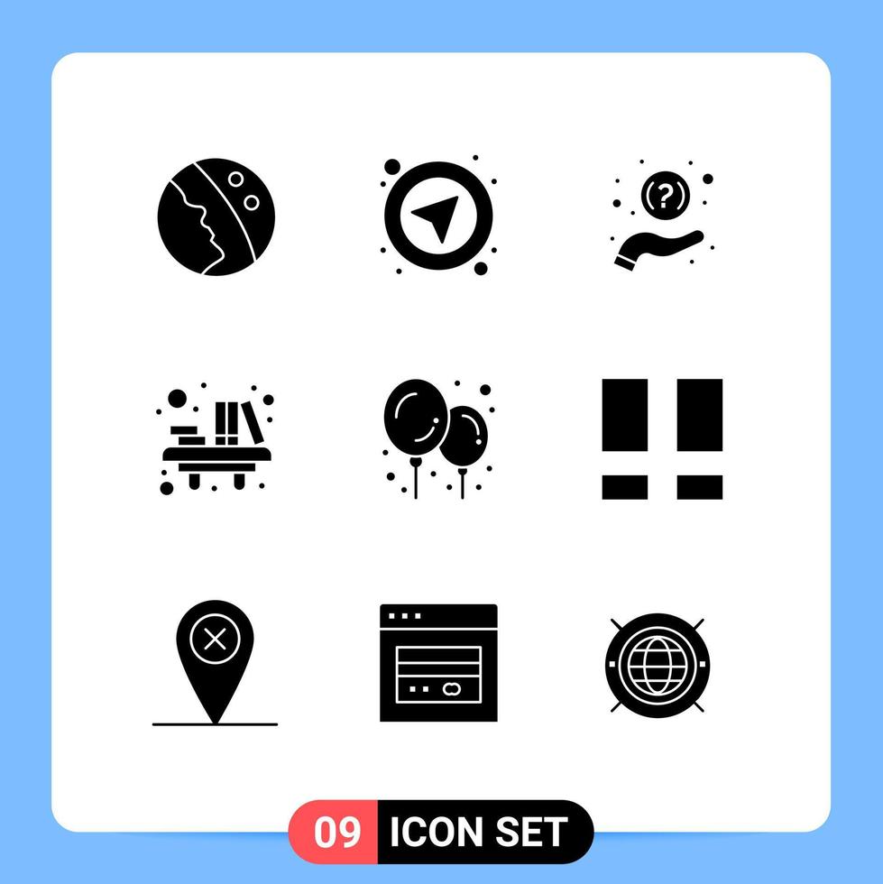 9 solide glyph concept voor websites mobiel en apps baby dingen school- FAQ bibliotheek bureau bewerkbare vector ontwerp elementen