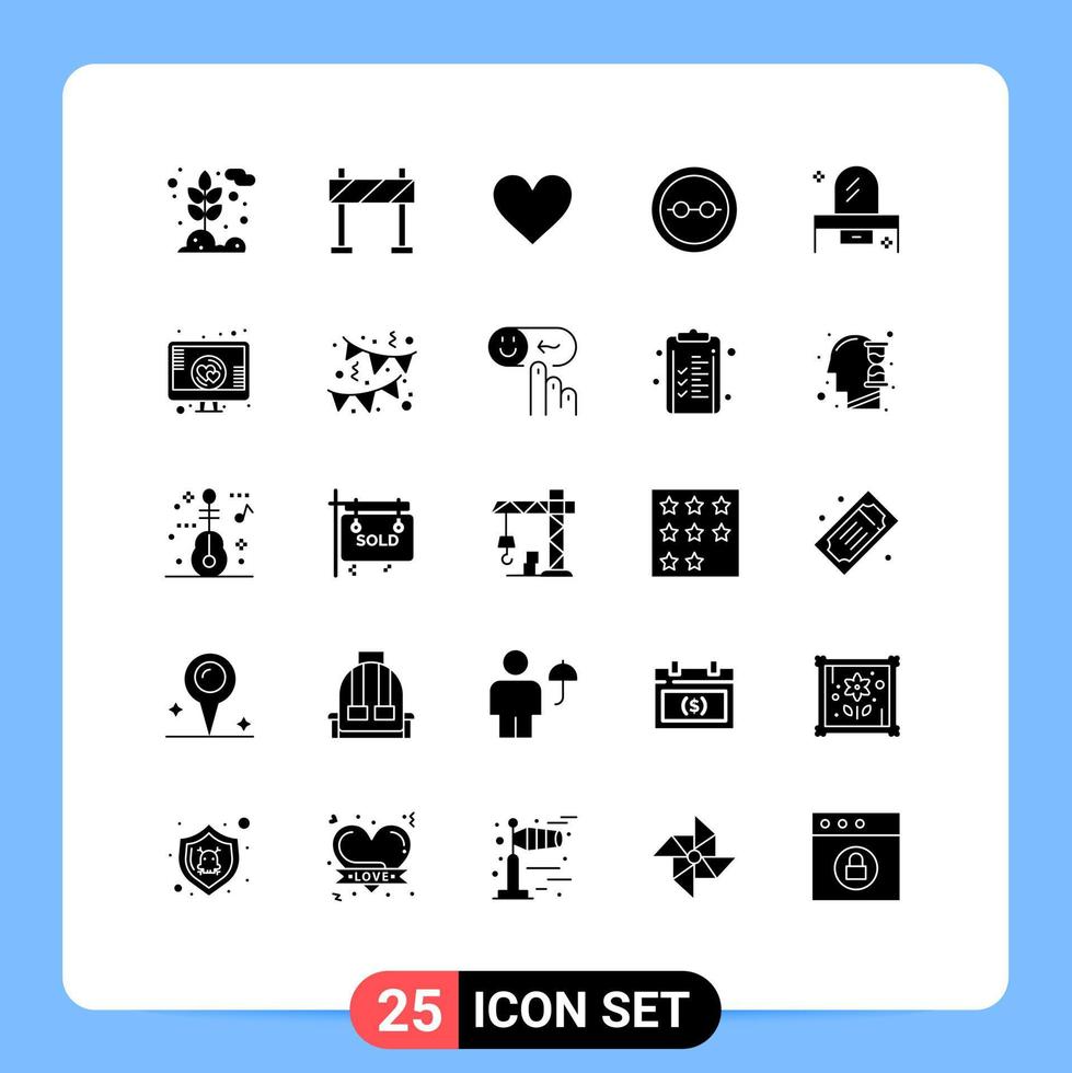 25 universeel solide glyph tekens symbolen van slaapkamer lenzen hart bril kader bewerkbare vector ontwerp elementen