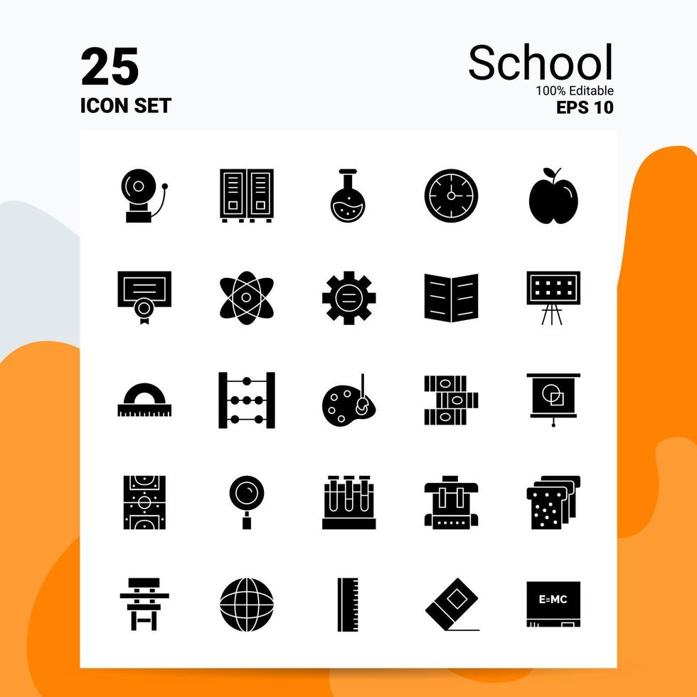 25 school- icoon reeks 100 bewerkbare eps 10 bestanden bedrijf logo concept ideeën solide glyph icoon ontwerp vector