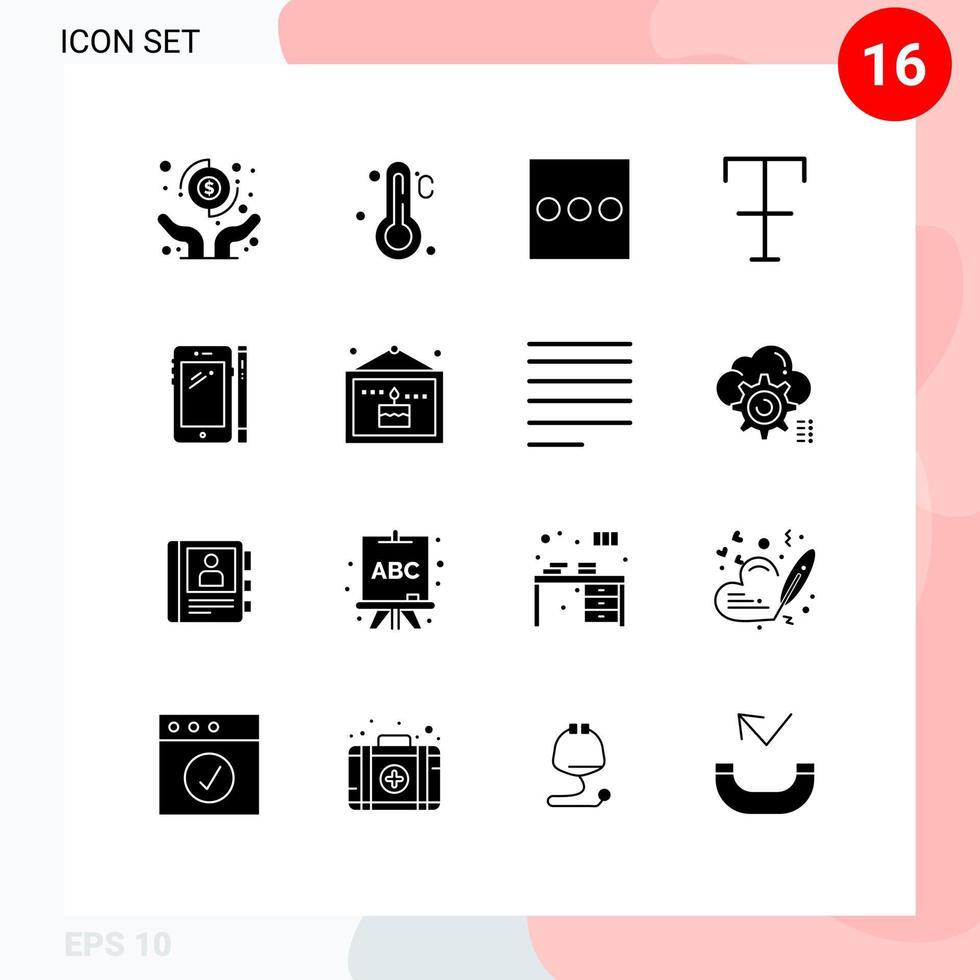 16 universeel solide glyphs reeks voor web en mobiel toepassingen verjaardag huawei menu mobiel telefoon bewerkbare vector ontwerp elementen