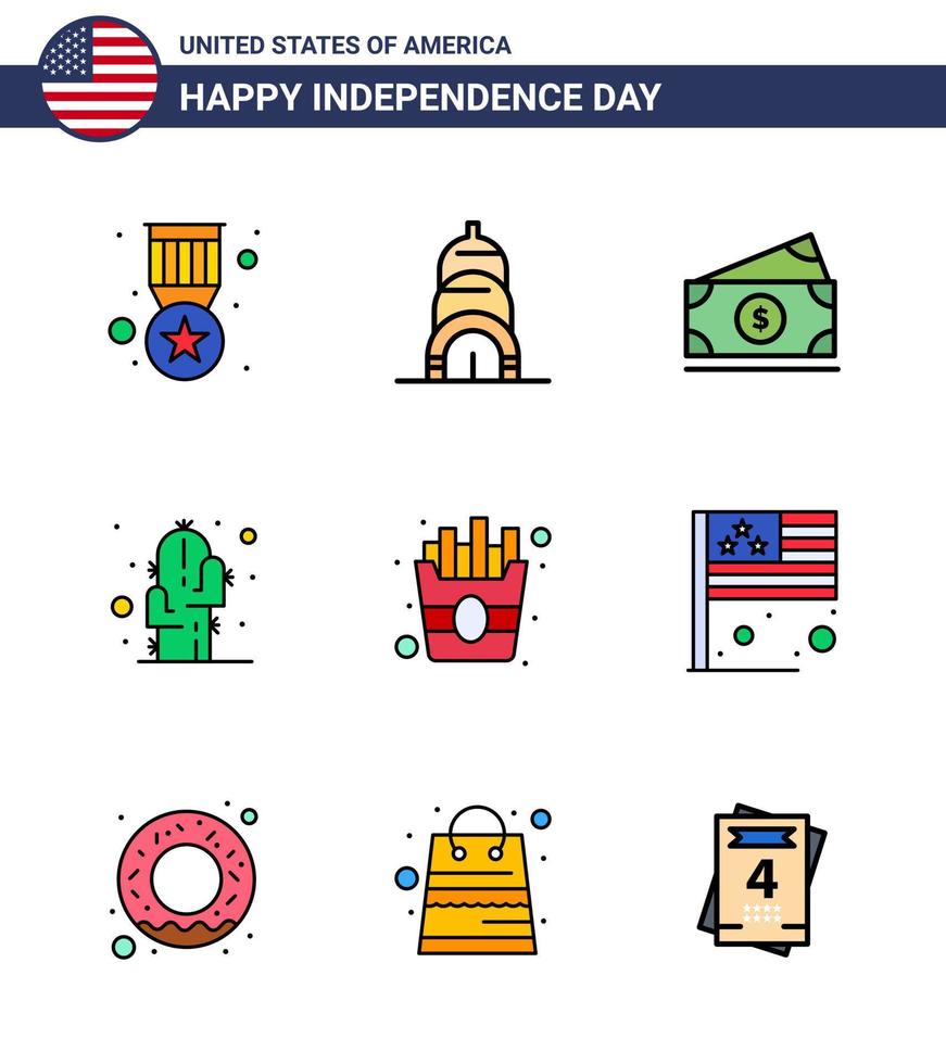gelukkig onafhankelijkheid dag pak van 9 vlak gevulde lijnen tekens en symbolen voor Patat snel geld woestijn bloem bewerkbare Verenigde Staten van Amerika dag vector ontwerp elementen