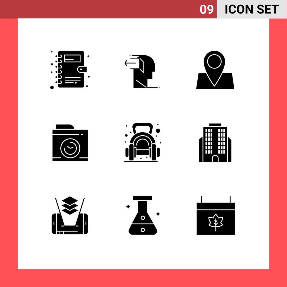 pak van 9 creatief solide glyphs van gewicht oefening vakantie groot denken camera bewerkbare vector ontwerp elementen