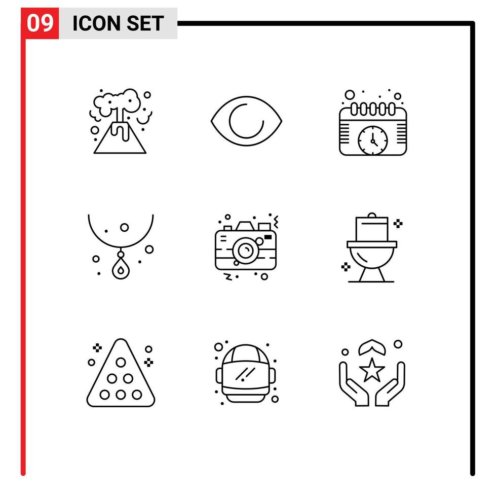 schets pak van 9 universeel symbolen van foto camera evenementen ketting edelsteen bewerkbare vector ontwerp elementen