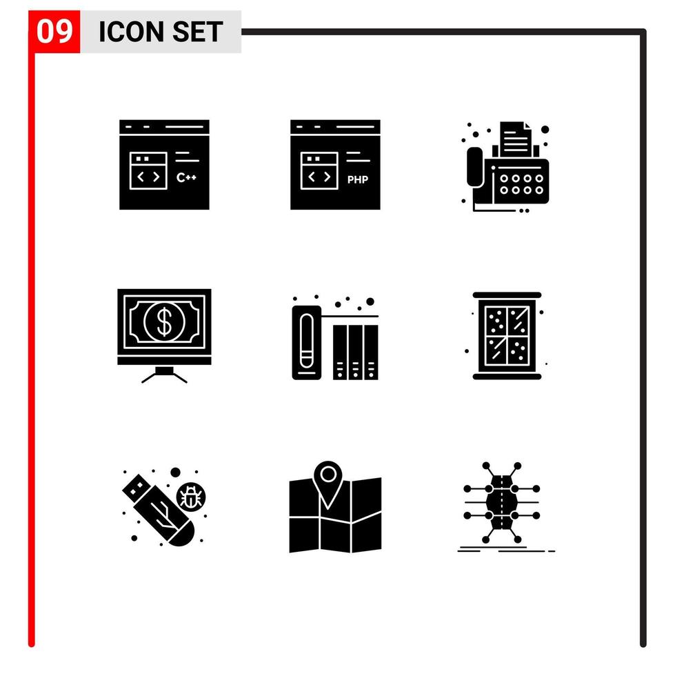 universeel icoon symbolen groep van 9 modern solide glyphs van geld Klik ontwikkeling bank fax bewerkbare vector ontwerp elementen