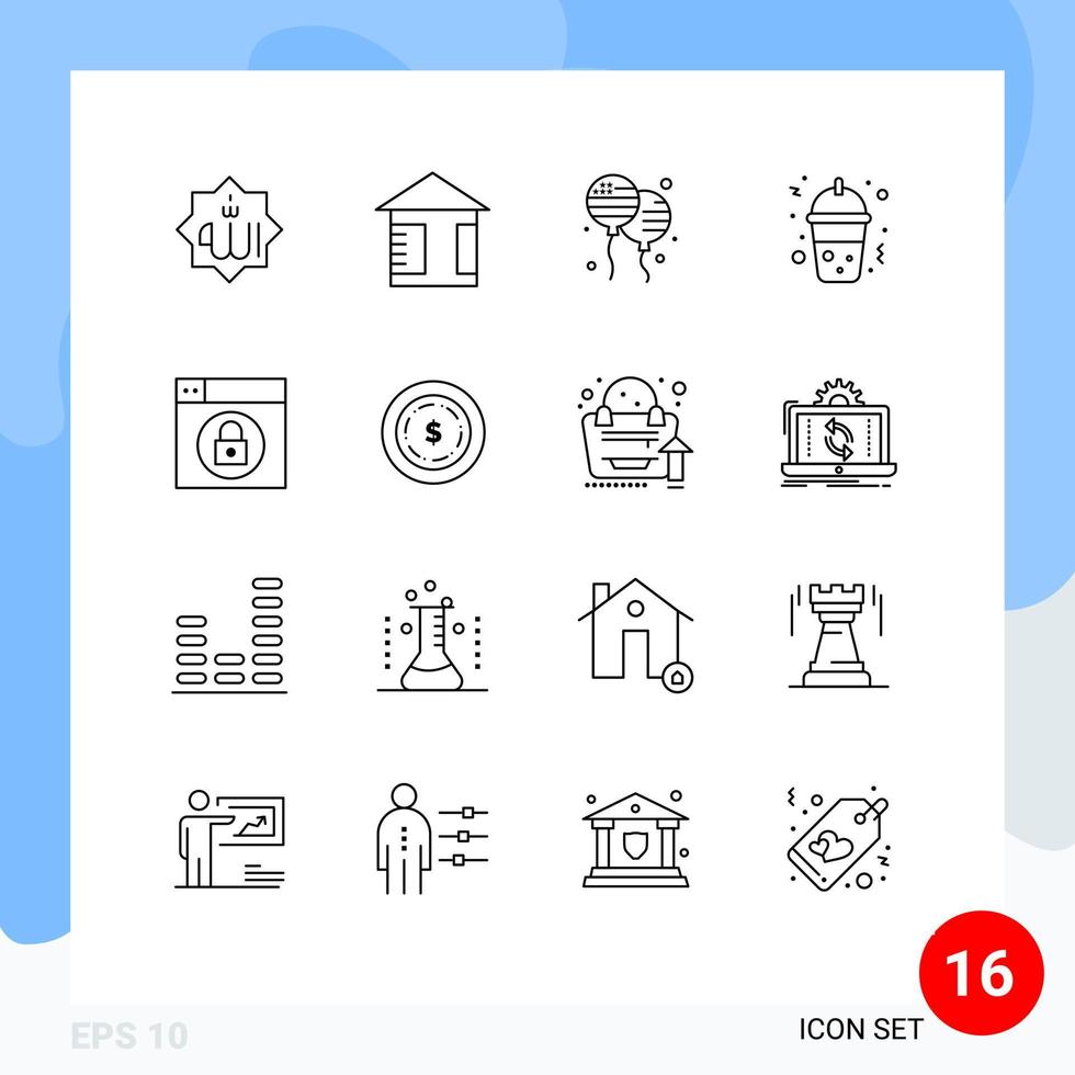 modern reeks van 16 contouren pictogram van slot web bloon voedsel frappe bewerkbare vector ontwerp elementen