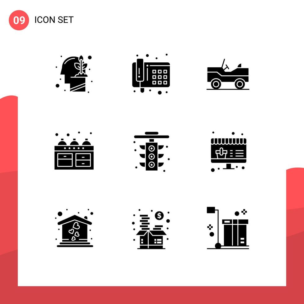 9 solide glyph concept voor websites mobiel en apps licht leven voertuig stad keuken bewerkbare vector ontwerp elementen