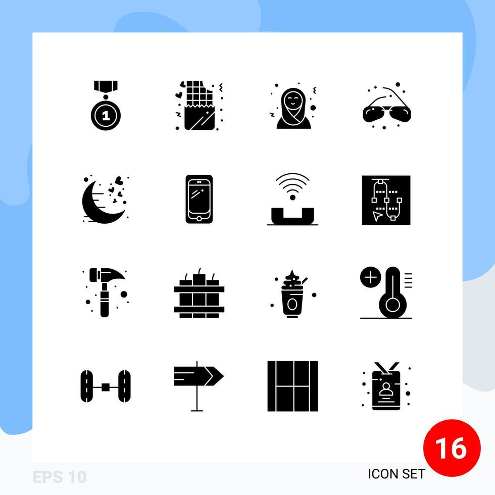 16 solide glyph concept voor websites mobiel en apps maan datum Arabisch Dames geek oog bril bewerkbare vector ontwerp elementen