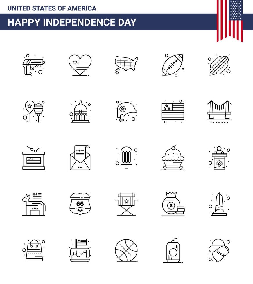 25 Verenigde Staten van Amerika lijn pak van onafhankelijkheid dag tekens en symbolen van hotdog Verenigde Staten van Amerika kaart sport bal bewerkbare Verenigde Staten van Amerika dag vector ontwerp elementen