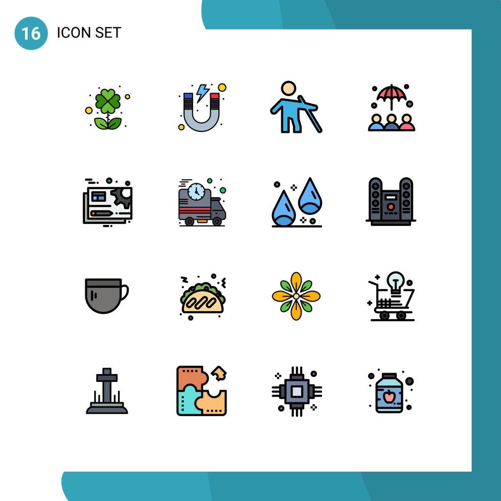 mobiel koppel vlak kleur gevulde lijn reeks van 16 pictogrammen van uitrusting document Blind paraplu verzekering bewerkbare creatief vector ontwerp elementen