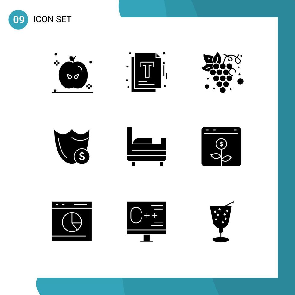 pictogram reeks van 9 gemakkelijk solide glyphs van bed veiligheid fruit beveiligen bewaker bewerkbare vector ontwerp elementen