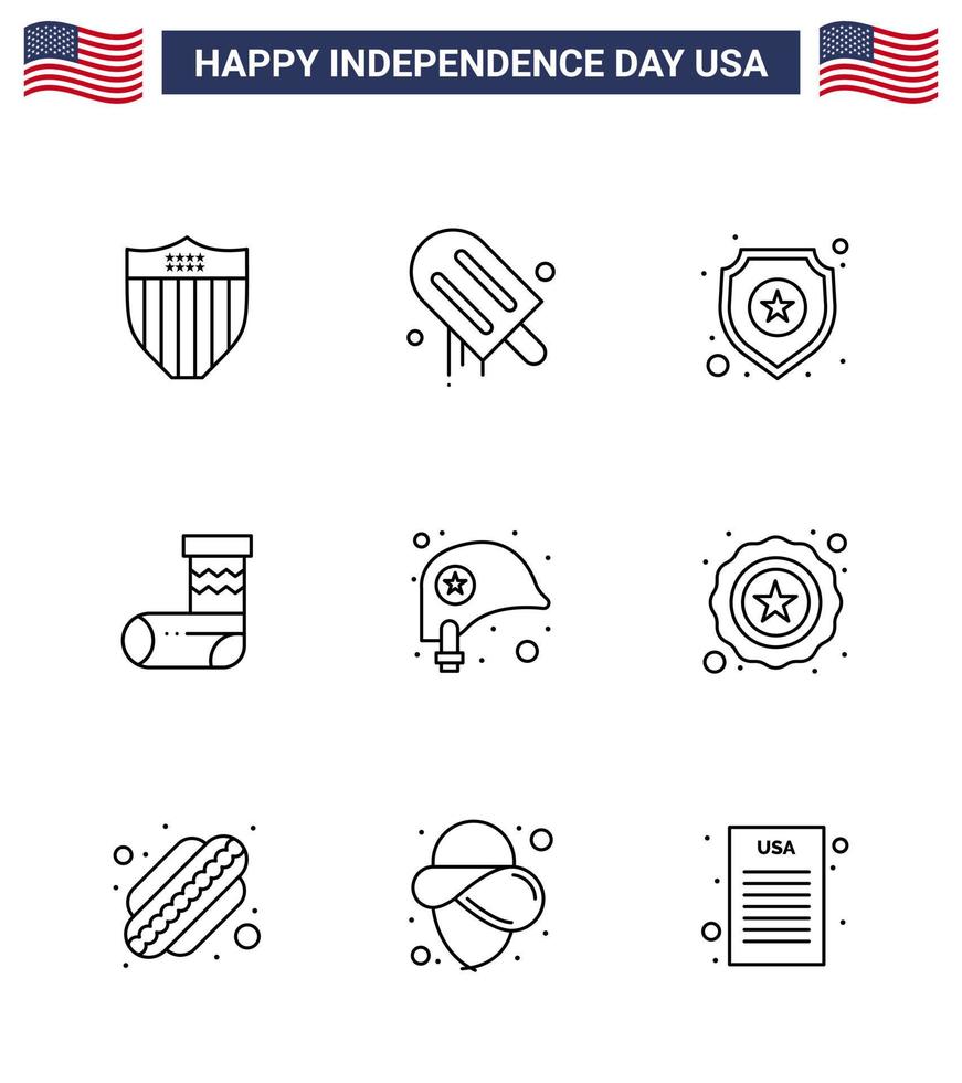 gelukkig onafhankelijkheid dag 4e juli reeks van 9 lijnen Amerikaans pictogram van helm geschenk schild feest viering bewerkbare Verenigde Staten van Amerika dag vector ontwerp elementen