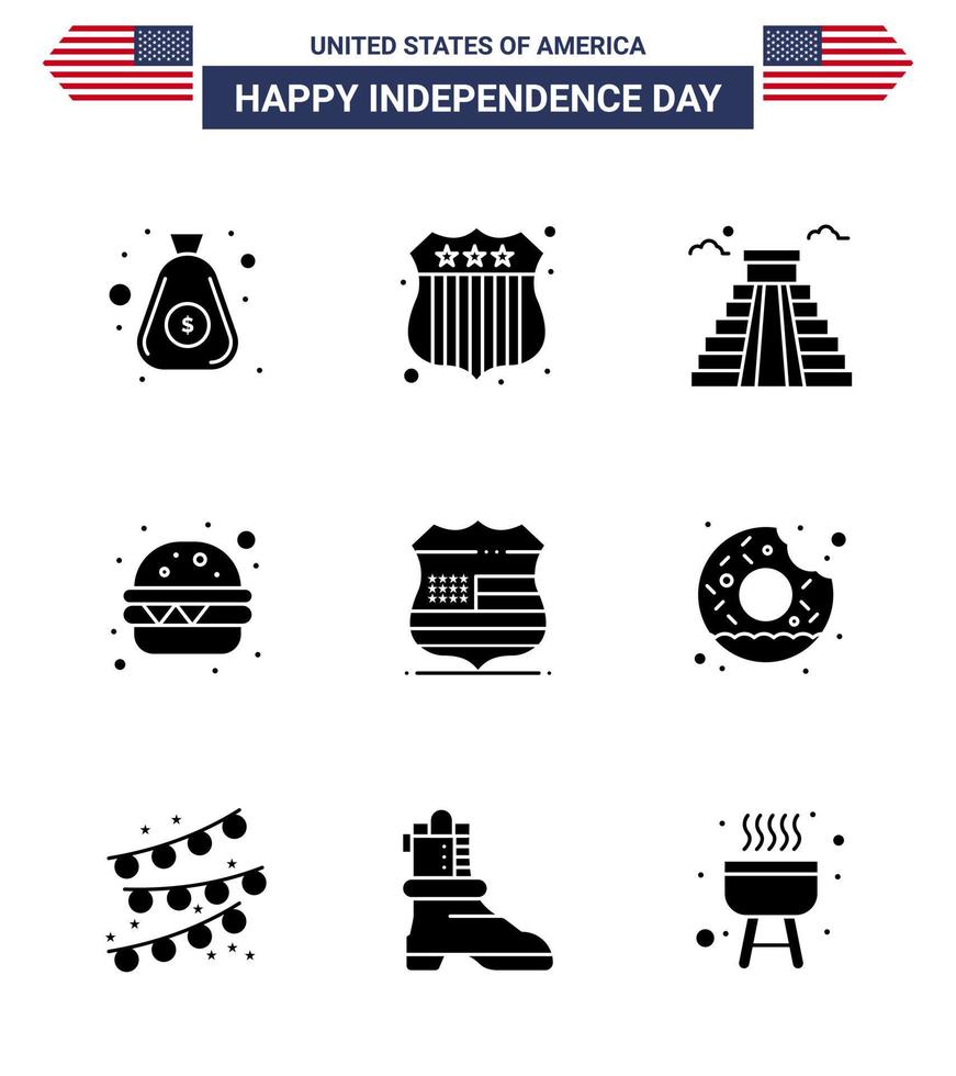 gelukkig onafhankelijkheid dag 4e juli reeks van 9 solide glyphs Amerikaans pictogram van veiligheid teken mijlpaal schild snel voedsel bewerkbare Verenigde Staten van Amerika dag vector ontwerp elementen