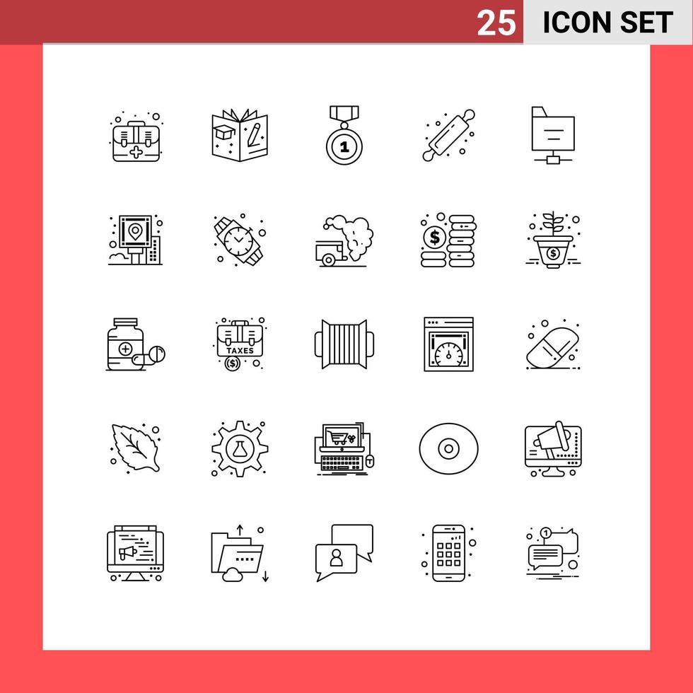 reeks van 25 modern ui pictogrammen symbolen tekens voor server bestanden badges brood rollend pin bakken bewerkbare vector ontwerp elementen