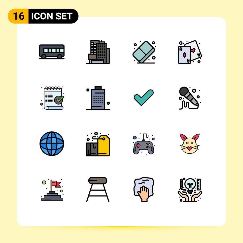 universeel icoon symbolen groep van 16 modern vlak kleur gevulde lijnen van Mark checklist kleur controleren spel bewerkbare creatief vector ontwerp elementen