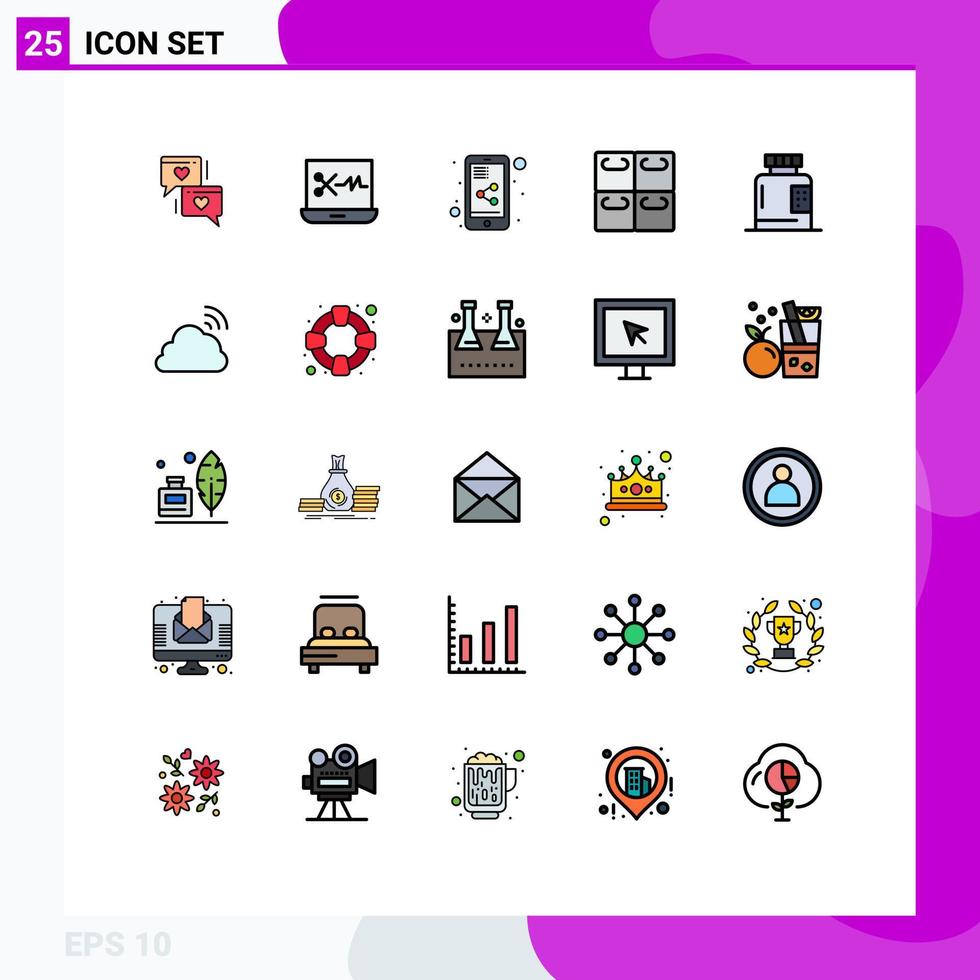 mobiel koppel gevulde lijn vlak kleur reeks van 25 pictogrammen van Gezondheid geschiktheid delen document ziekte sushi bewerkbare vector ontwerp elementen