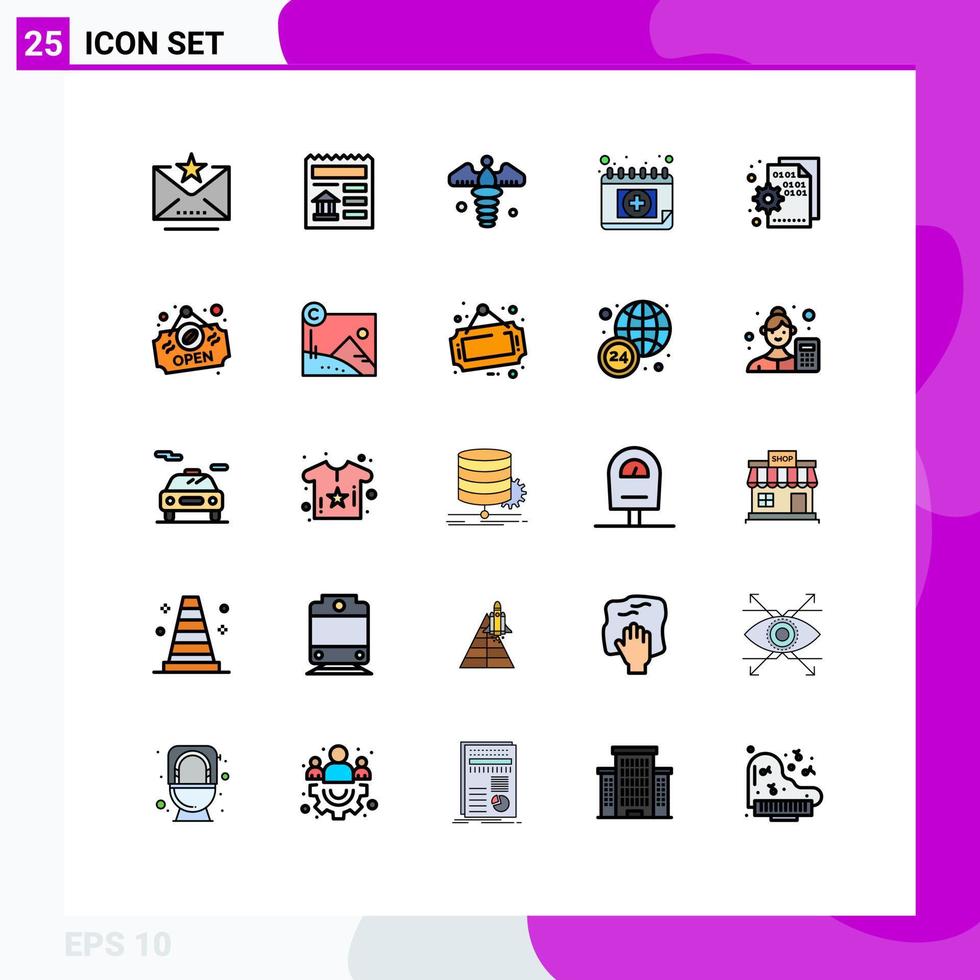25 universeel gevulde lijn vlak kleuren reeks voor web en mobiel toepassingen codering schema caduceus medisch afspraak bewerkbare vector ontwerp elementen