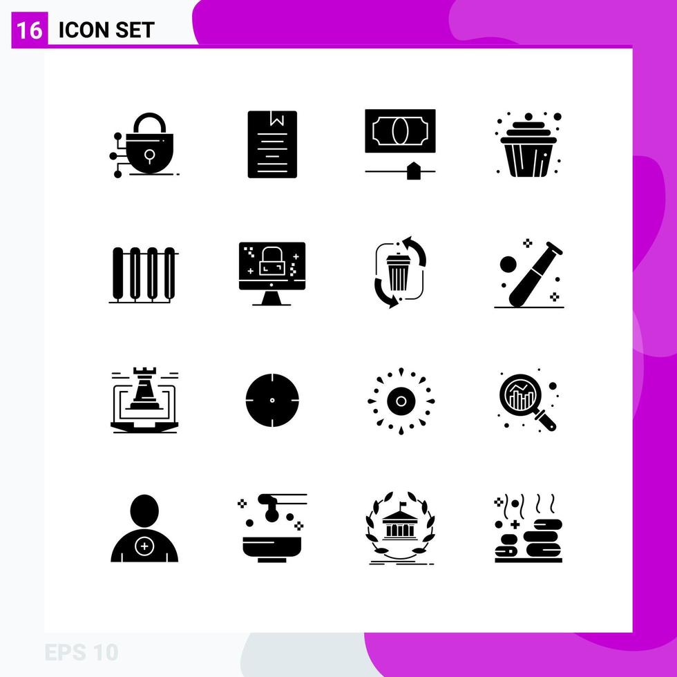 reeks van 16 modern ui pictogrammen symbolen tekens voor heet accu contant geld muffin taart bewerkbare vector ontwerp elementen