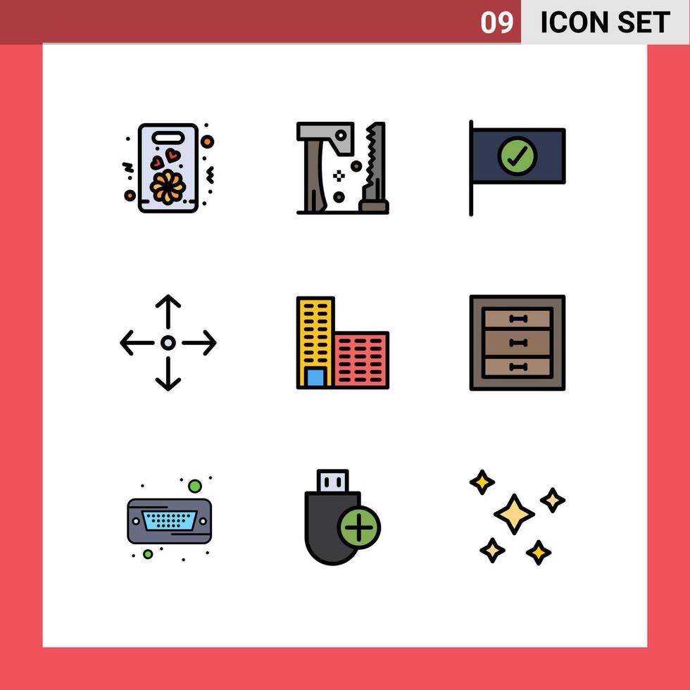 modern reeks van 9 gevulde lijn vlak kleuren pictogram van dozen gebouw gecontroleerd architectuur uitbreiden bewerkbare vector ontwerp elementen