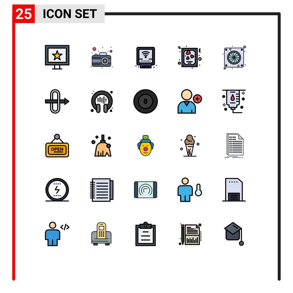 gevulde lijn vlak kleur pak van 25 universeel symbolen van ventilator computer mechanisch valentijnsdag hart bewerkbare vector ontwerp elementen