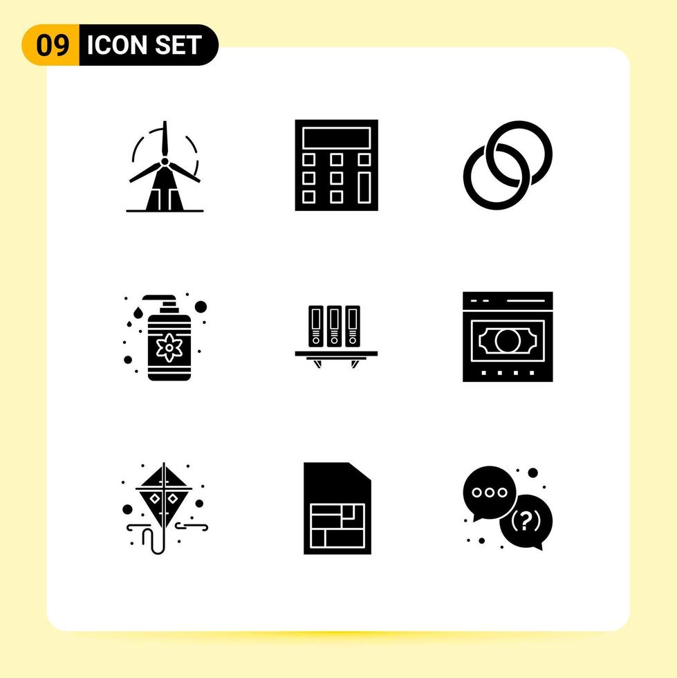 modern reeks van 9 solide glyphs pictogram van archief zorg ring spa laten vallen bewerkbare vector ontwerp elementen