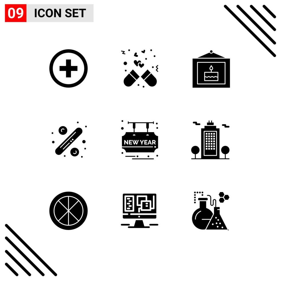 modern reeks van 9 solide glyphs pictogram van groeten label verjaardag groot uitverkoop percentage bewerkbare vector ontwerp elementen