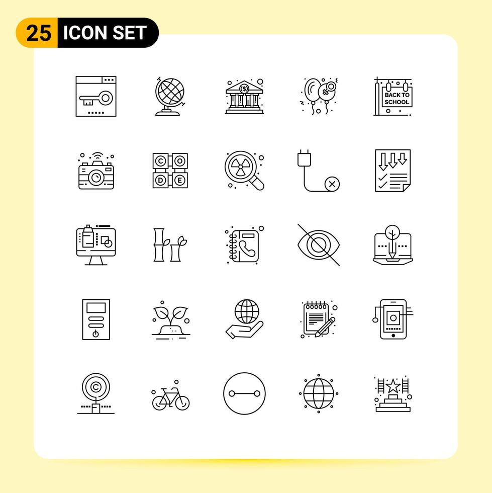 universeel icoon symbolen groep van 25 modern lijnen van terug naar school- liefde bank huis gelukkig ballon bewerkbare vector ontwerp elementen
