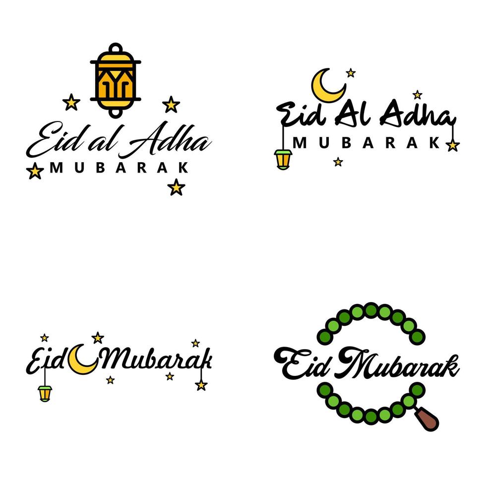 modern pak van 4 vector illustraties van groeten wensen voor Islamitisch festival eid al adha eid al fitr gouden maan lantaarn met mooi glimmend sterren