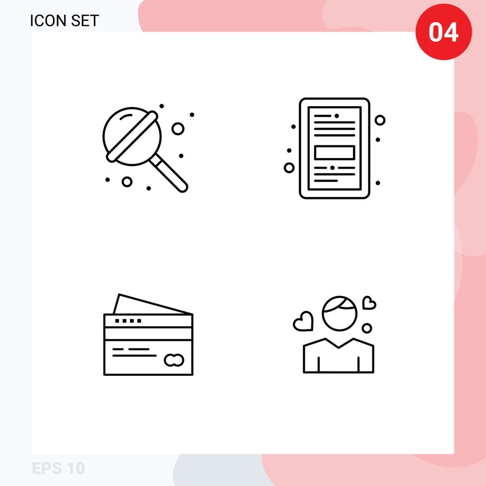 modern reeks van 4 gevulde lijn vlak kleuren en symbolen zo net zo snoep kredietkaart snoepgoed onderwijs kaart bewerkbare vector ontwerp elementen