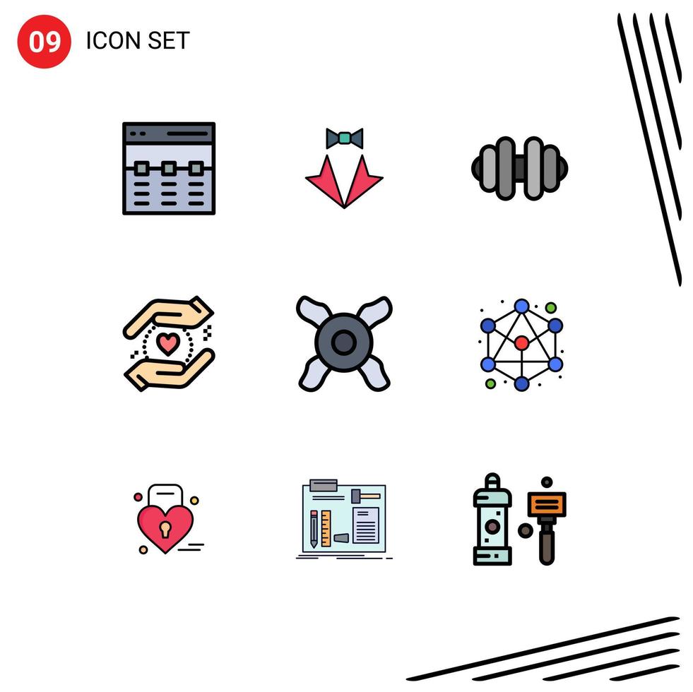 universeel icoon symbolen groep van 9 modern gevulde lijn vlak kleuren van ventilator liefde pak veilig sport- bewerkbare vector ontwerp elementen
