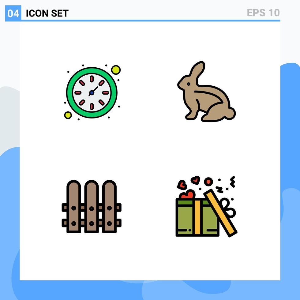 mobiel koppel gevulde lijn vlak kleur reeks van 4 pictogrammen van klok huis konijn konijn liefde bewerkbare vector ontwerp elementen