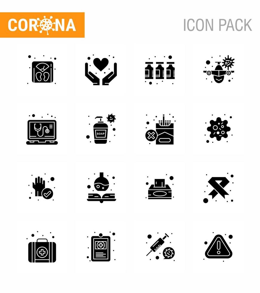 roman coronavirus 2019-nCoV 16 solide glyph zwart icoon pak controleren waarschuwing fles vakantie vliegtuig virale coronavirus 2019november ziekte vector ontwerp elementen