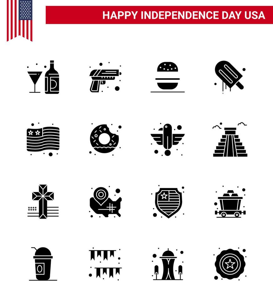 gelukkig onafhankelijkheid dag 4e juli reeks van 16 solide glyphs Amerikaans pictogram van land Amerikaans wapen room Verenigde Staten van Amerika bewerkbare Verenigde Staten van Amerika dag vector ontwerp elementen