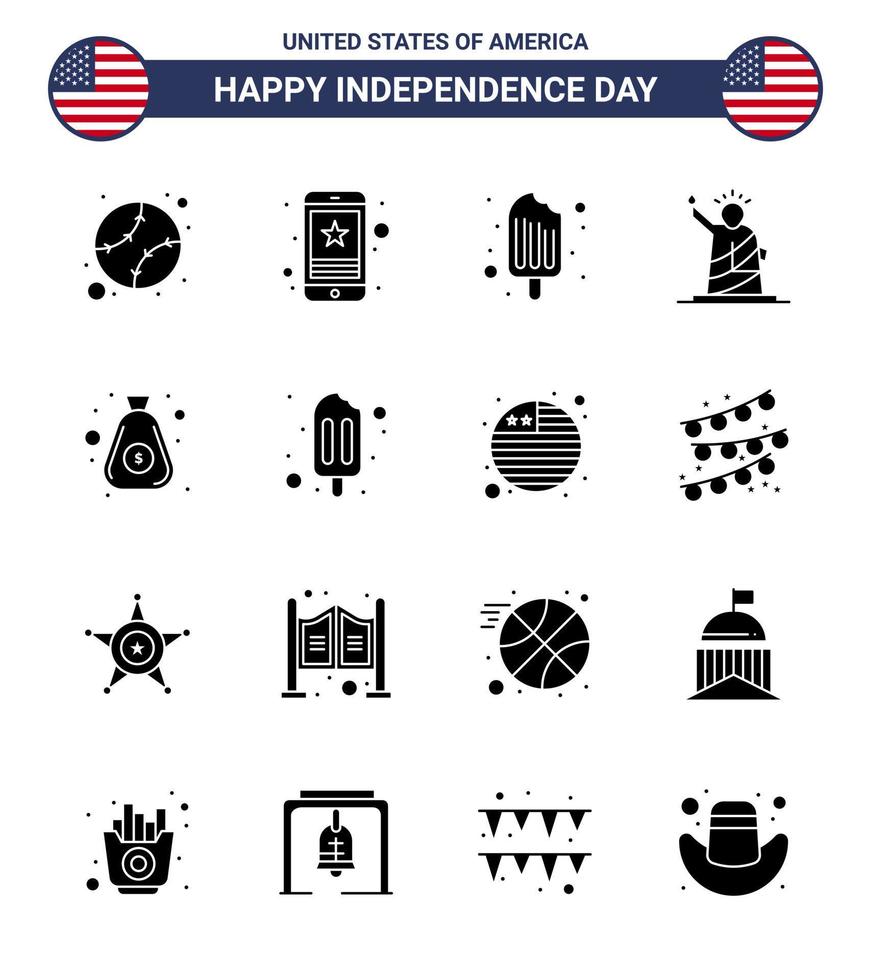 pak van 16 Verenigde Staten van Amerika onafhankelijkheid dag viering solide glyphs tekens en 4e juli symbolen zo net zo Verenigde Staten van Amerika van telefoon vrijheid ijs room bewerkbare Verenigde Staten van Amerika dag vector ontwerp elementen