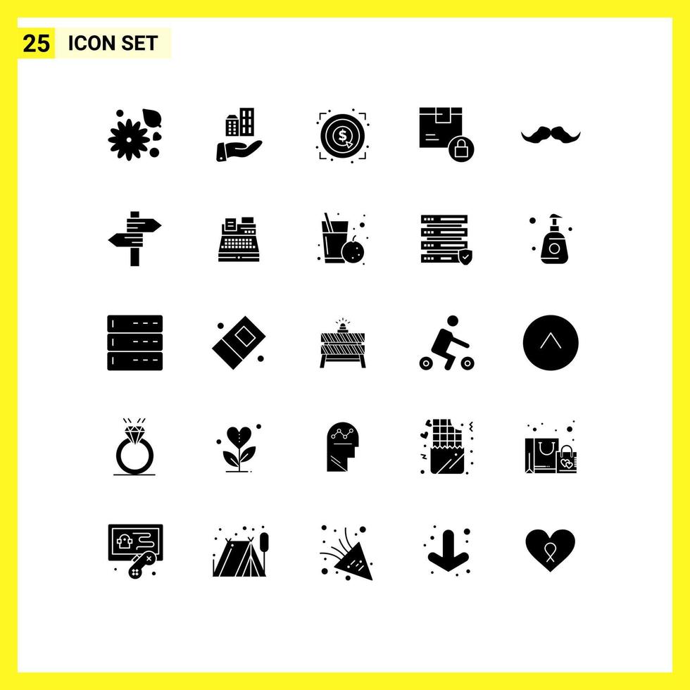 25 universeel solide glyph tekens symbolen van snor Product afzet slot doos bewerkbare vector ontwerp elementen