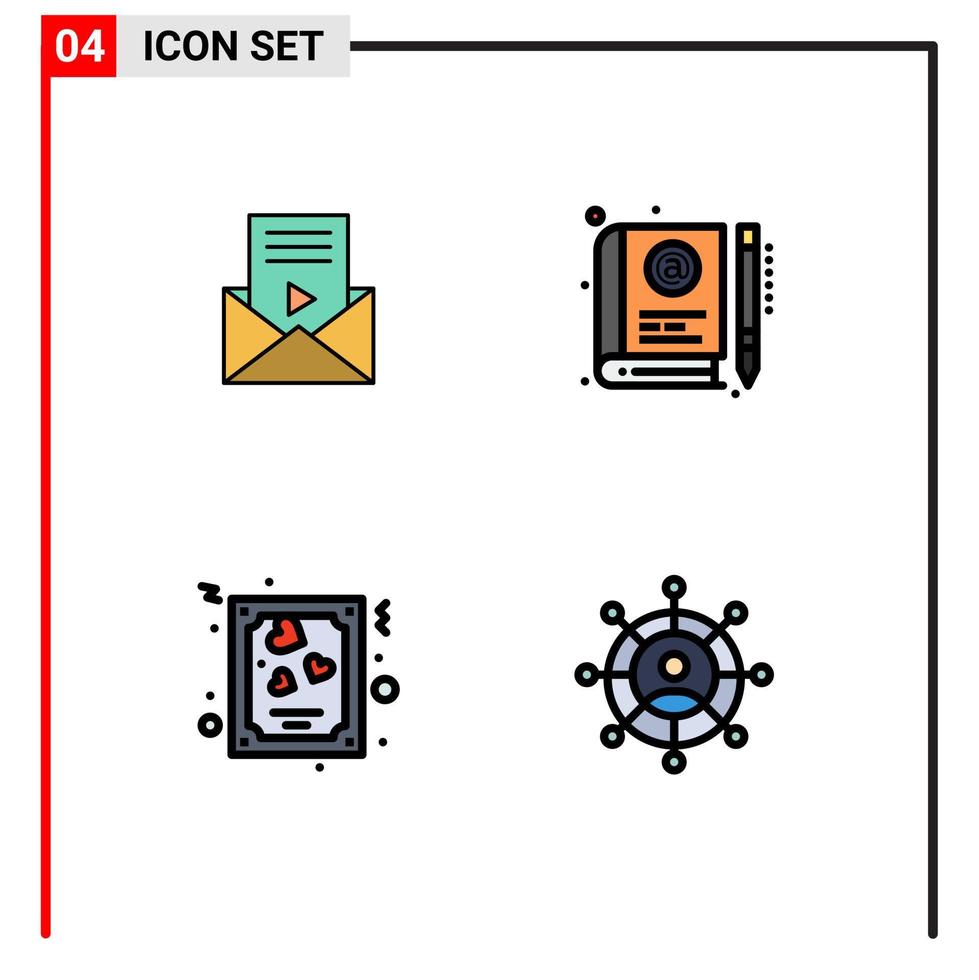 mobiel koppel gevulde lijn vlak kleur reeks van 4 pictogrammen van mail aan het leren video speler e hart bewerkbare vector ontwerp elementen