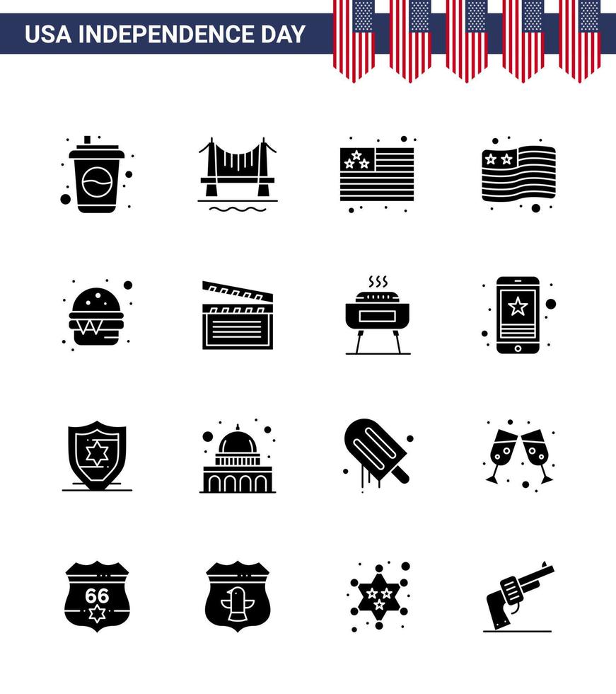 gelukkig onafhankelijkheid dag 4e juli reeks van 16 solide glyphs Amerikaans pictogram van video Amerikaans land maaltijd snel bewerkbare Verenigde Staten van Amerika dag vector ontwerp elementen
