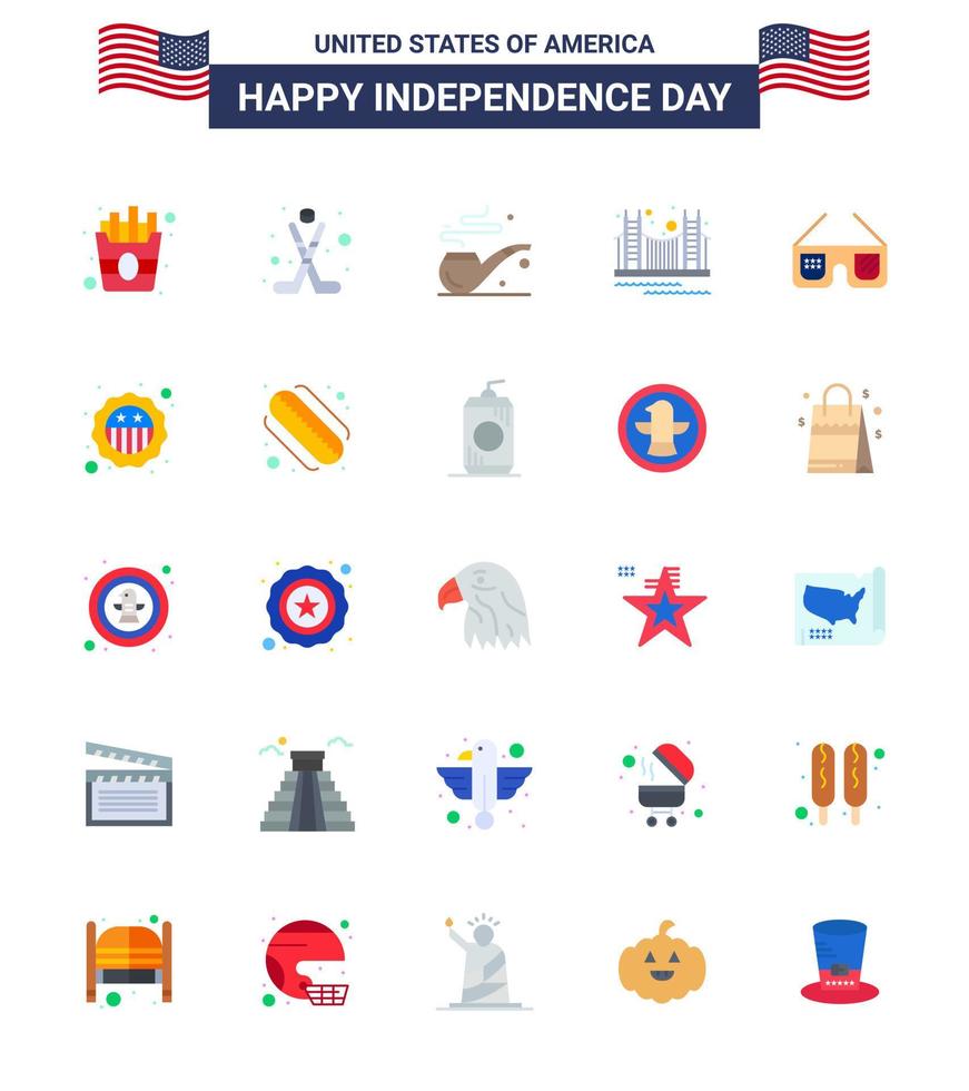 gelukkig onafhankelijkheid dag 4e juli reeks van 25 flats Amerikaans pictogram van bril Verenigde Staten van Amerika rook toerisme gouden bewerkbare Verenigde Staten van Amerika dag vector ontwerp elementen