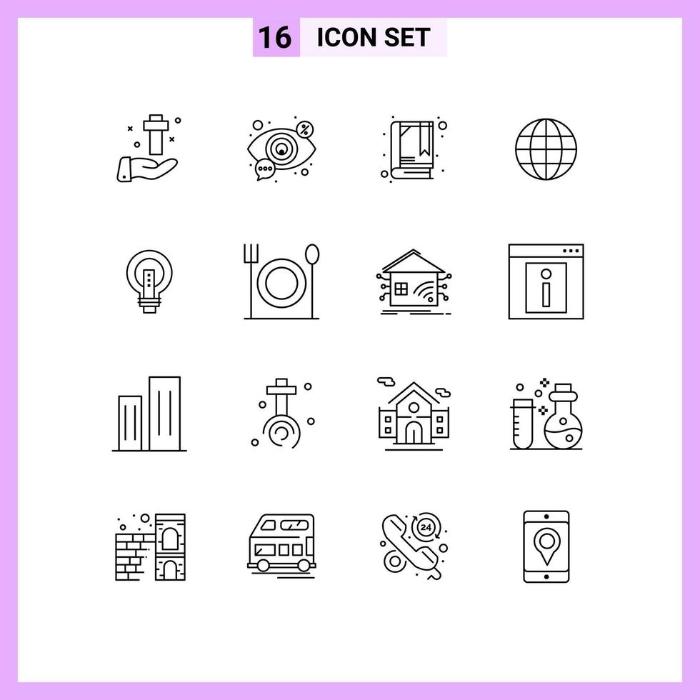 universeel icoon symbolen groep van 16 modern contouren van lamp kaart visie wereldbol bladwijzer bewerkbare vector ontwerp elementen