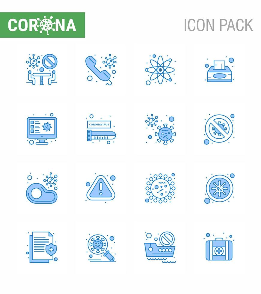 roman coronavirus 2019-nCoV 16 blauw icoon pak computer zakdoek telefoontje servet Onderzoek virale coronavirus 2019november ziekte vector ontwerp elementen