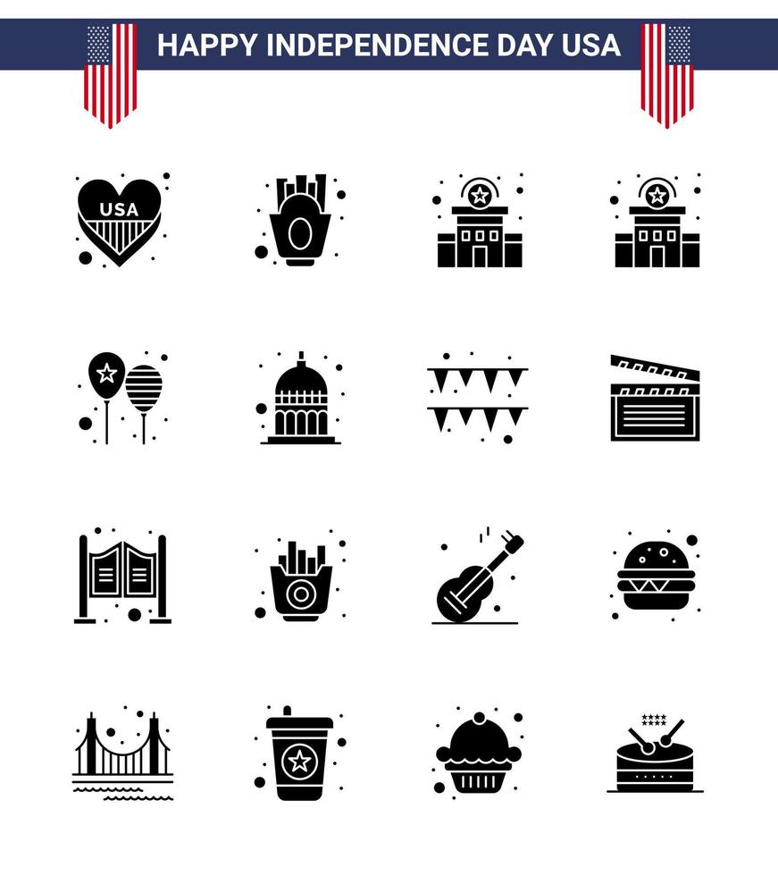 gelukkig onafhankelijkheid dag 4e juli reeks van 16 solide glyphs Amerikaans pictogram van Indiana partij gebouw dag ballonnen bewerkbare Verenigde Staten van Amerika dag vector ontwerp elementen