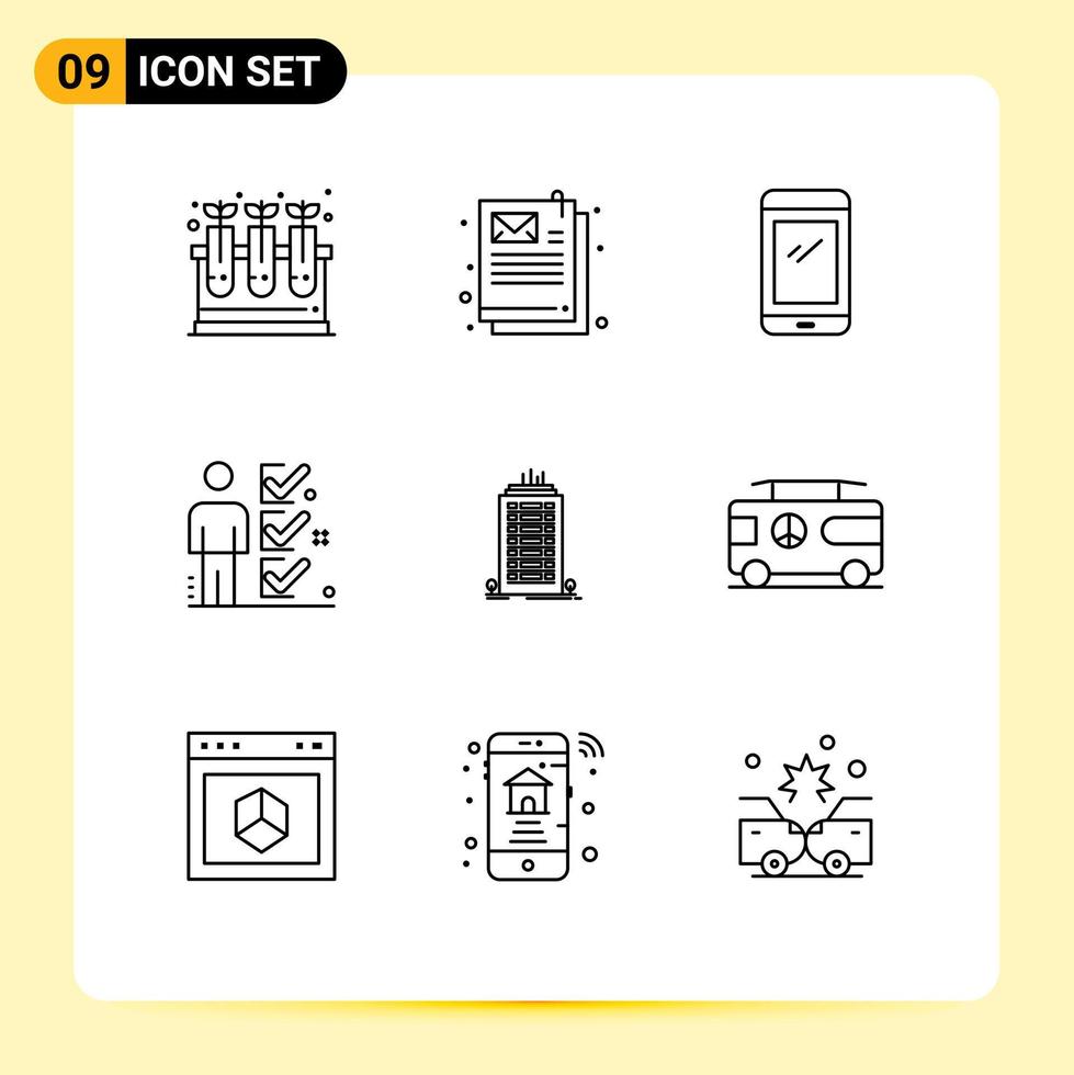 bewerkbare vector lijn pak van 9 gemakkelijk contouren van bulding Kruis aan slim telefoon gebruiker checklist bewerkbare vector ontwerp elementen