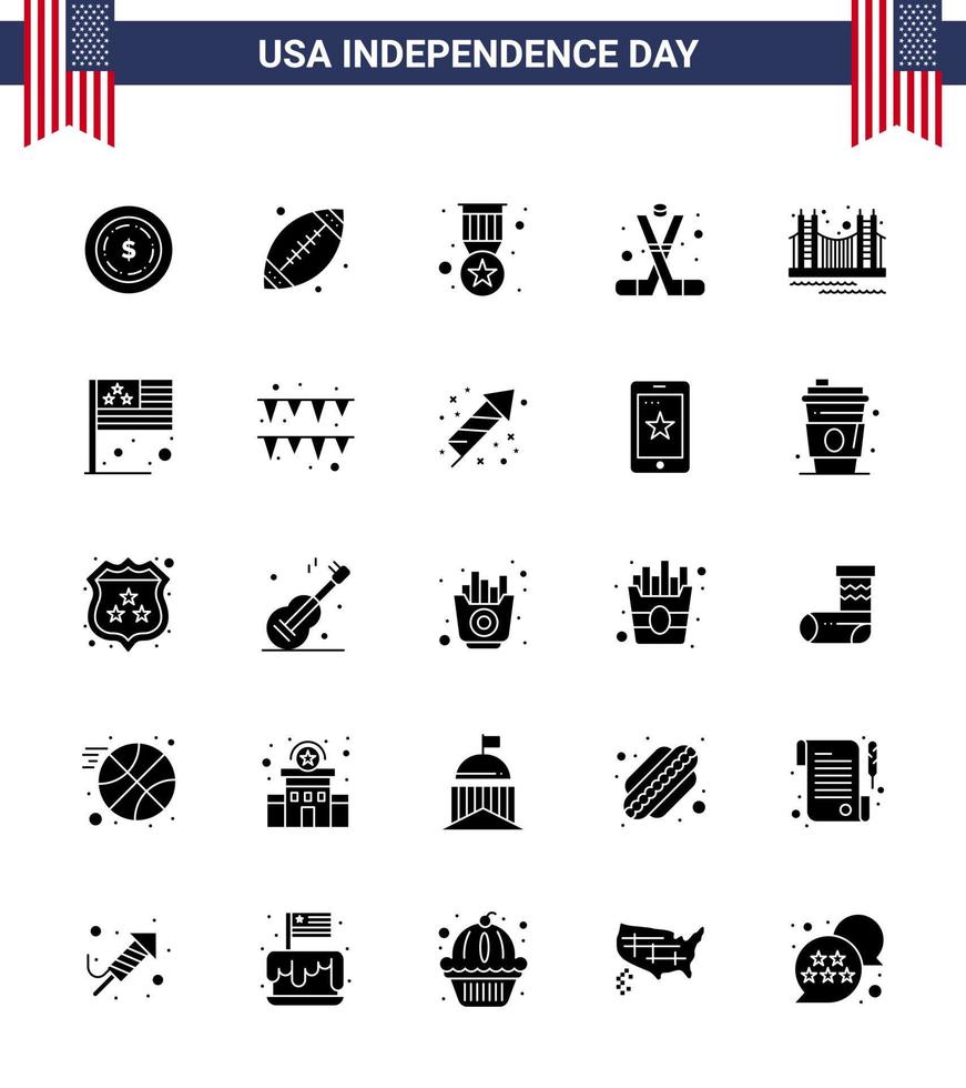 25 Verenigde Staten van Amerika solide glyph tekens onafhankelijkheid dag viering symbolen van poort Amerika insigne Amerikaans ijs hockey bewerkbare Verenigde Staten van Amerika dag vector ontwerp elementen
