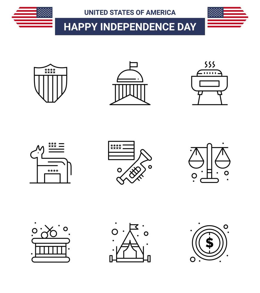 gelukkig onafhankelijkheid dag 9 lijnen icoon pak voor web en afdrukken vlag politiek Iers Amerikaans vakantie bewerkbare Verenigde Staten van Amerika dag vector ontwerp elementen