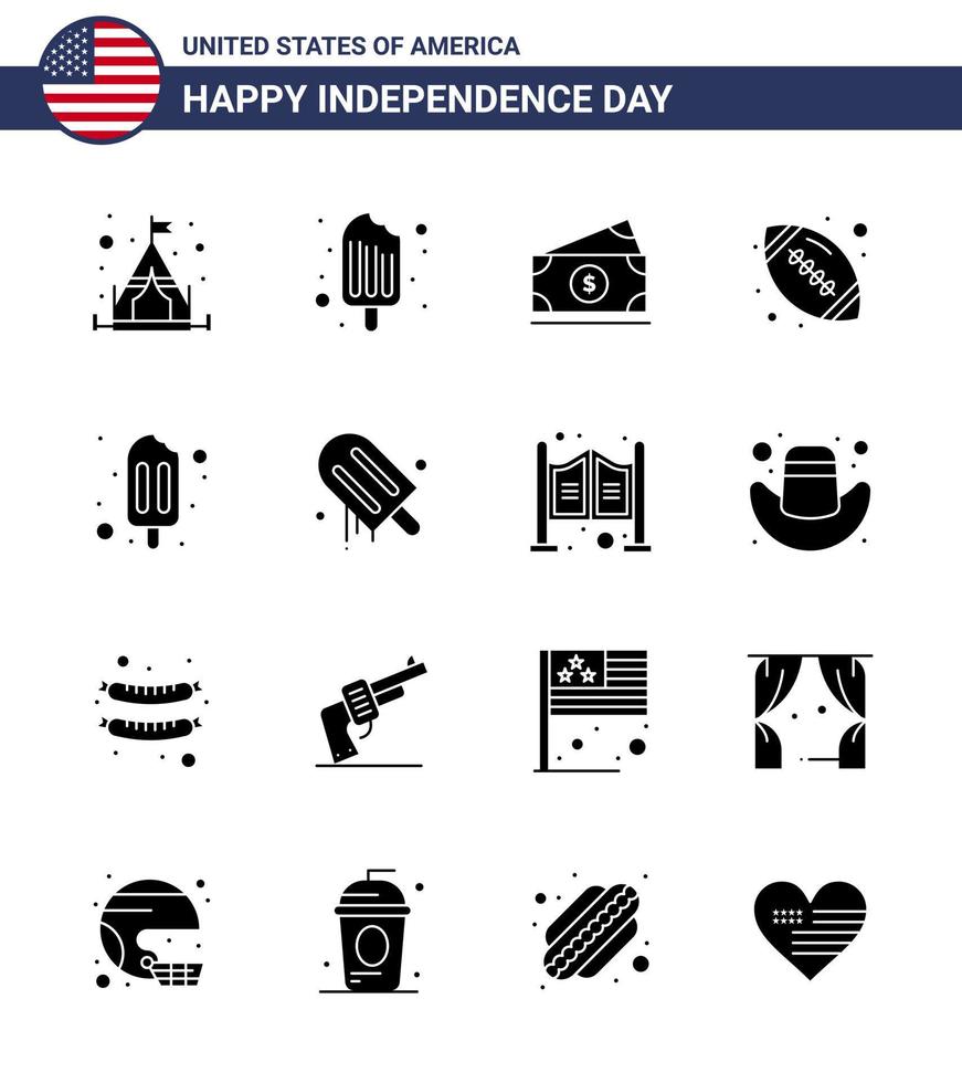 pak van 16 Verenigde Staten van Amerika onafhankelijkheid dag viering solide glyphs tekens en 4e juli symbolen zo net zo room ijs room geld Amerikaans bal rugby bewerkbare Verenigde Staten van Amerika dag vector ontwerp elementen