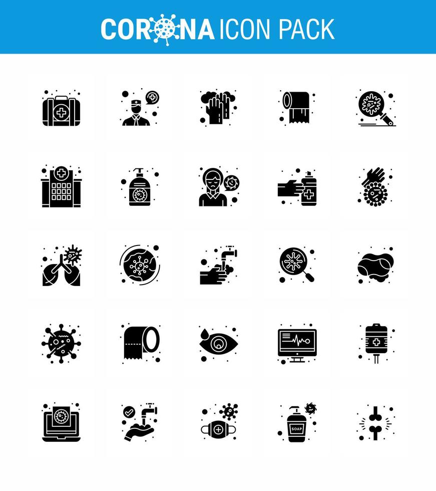 25 solide glyph coronavirus ziekte en het voorkomen vector icoon bescherming bacterie handen zorg rollen virale coronavirus 2019november ziekte vector ontwerp elementen