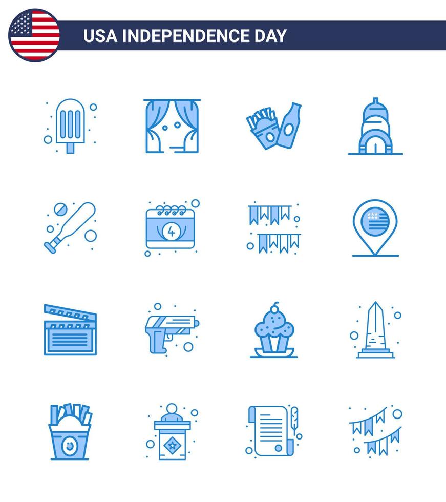 blauw pak van 16 Verenigde Staten van Amerika onafhankelijkheid dag symbolen van kalender hardball frise knuppel Verenigde Staten van Amerika bewerkbare Verenigde Staten van Amerika dag vector ontwerp elementen